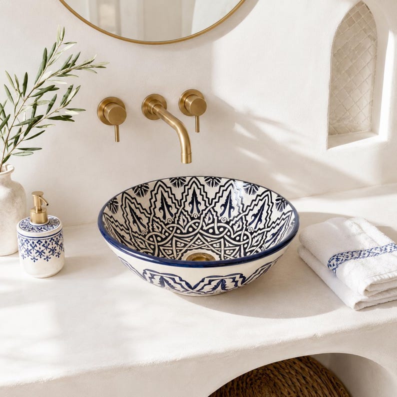Vasque Marocaine en Argile Blanche Style Oriental Peinte à la Main #A1B