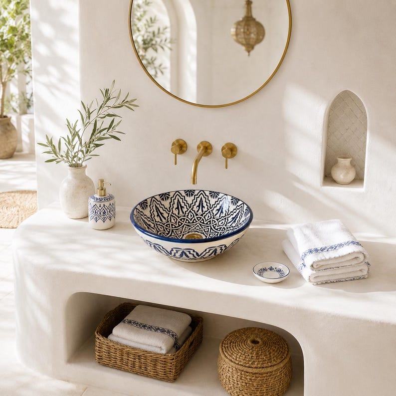 Vasque Marocaine en Argile Blanche Style Oriental Peinte à la Main #A1B