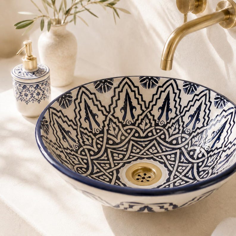 Vasque Marocaine en Argile Blanche Style Oriental Peinte à la Main #A1B