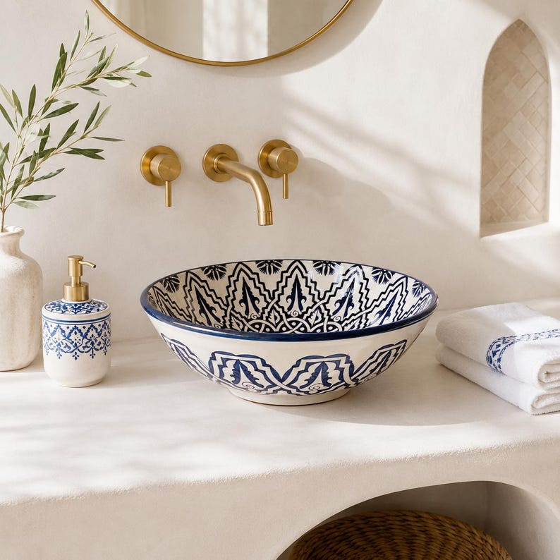 Vasque Marocaine en Argile Blanche Style Oriental Peinte à la Main #A1B