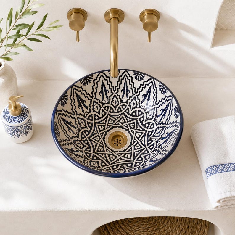 Vasque Marocaine en Argile Blanche Style Oriental Peinte à la Main #A1B