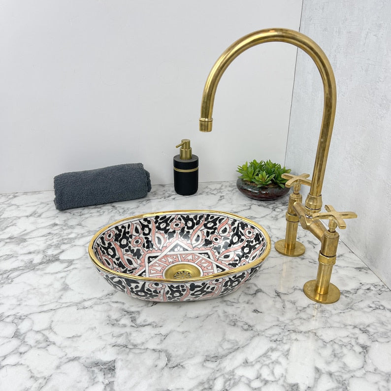 Oval Handmade Moroccan Sink - Golden Rim #209