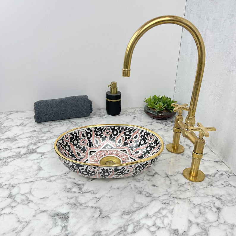 Oval Handmade Moroccan Sink - Golden Rim #209